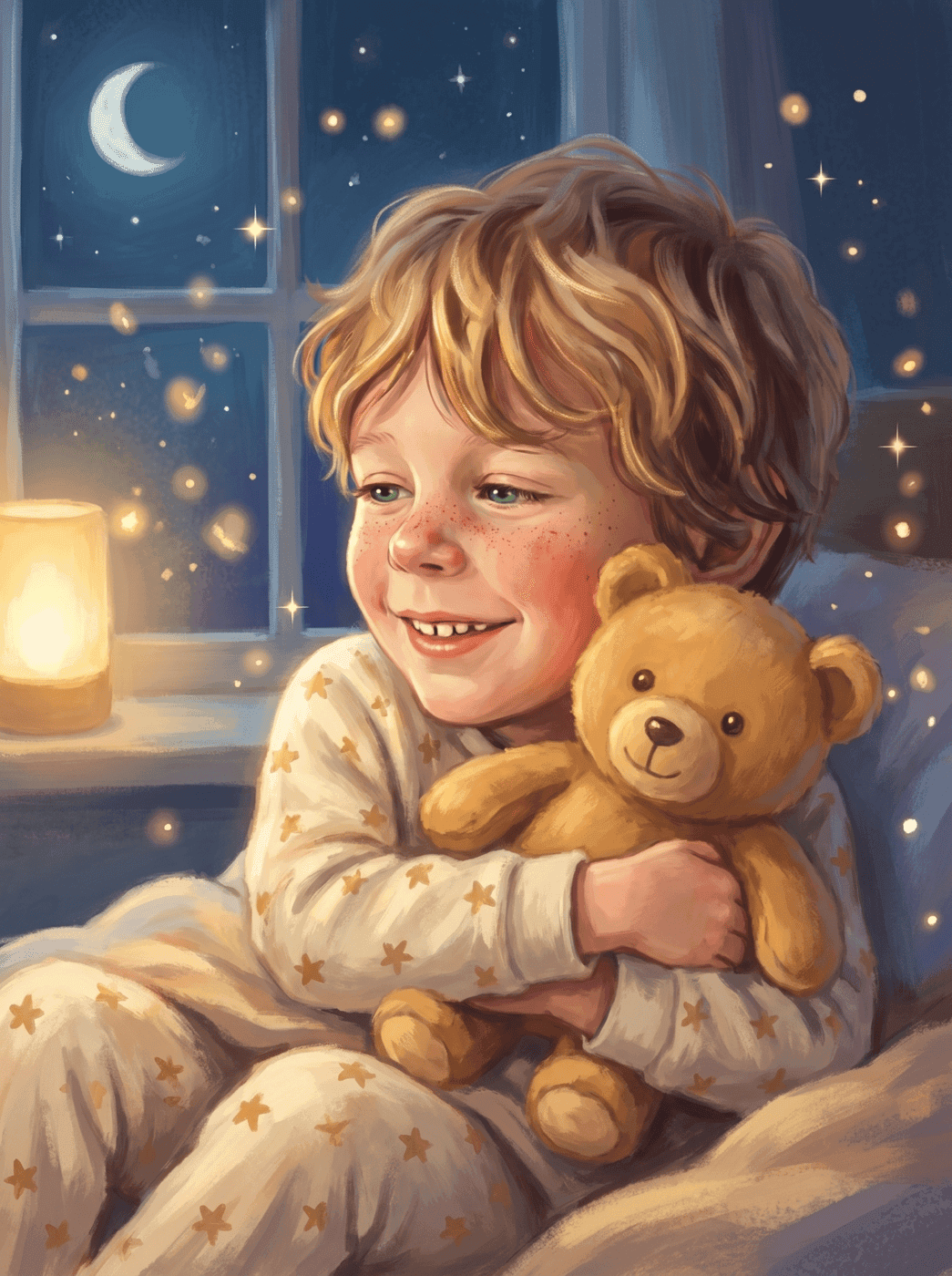 The same illustrated child at bedtime, in matching storybook style