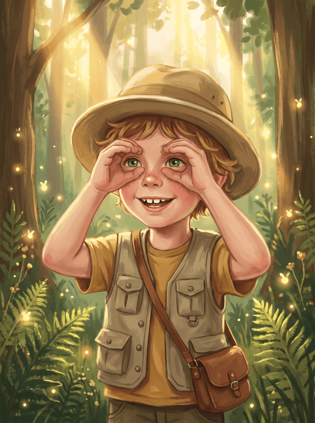 The same illustrated child exploring the woods, in matching storybook style