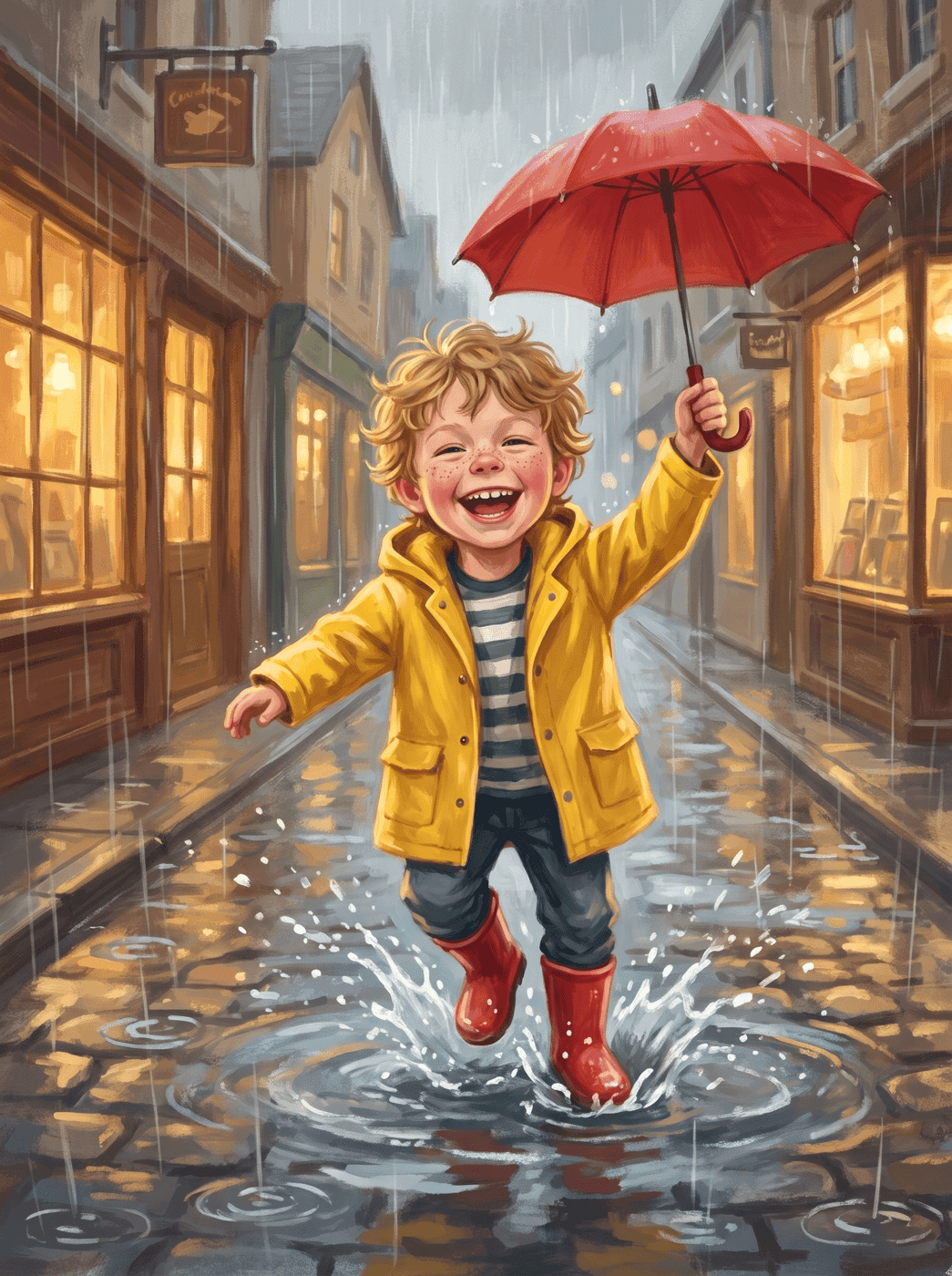 The same illustrated child jumping in puddles, in matching storybook style