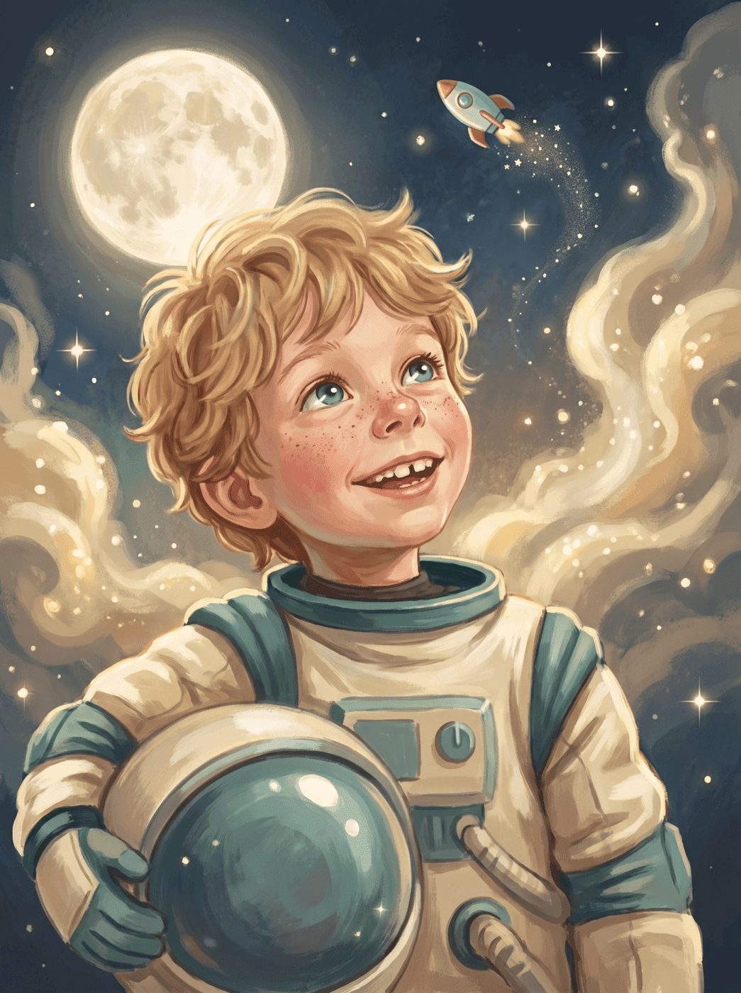 The same illustrated child flying to the moon, in matching storybook style